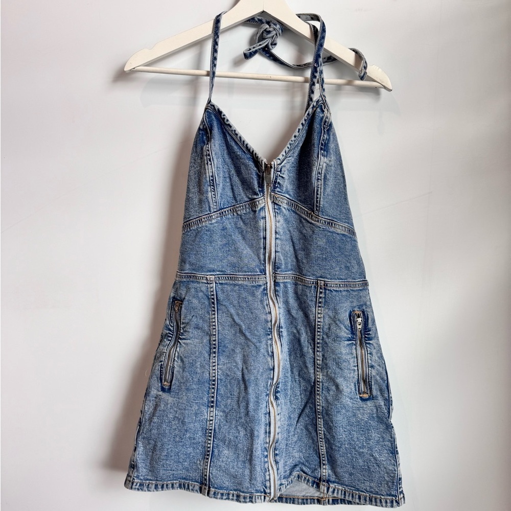 AE Denim Halter Zip Front Mini Dress Size 12 - Picture 2 of 7